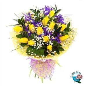 Bouquet di tulipani gialli e iris blu