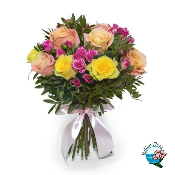 Bouquet di roselline nei toni del giallo, rosa e fucsia