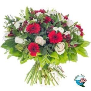Bouquet di roselline e gerbere nei toni del bianco e del rosso